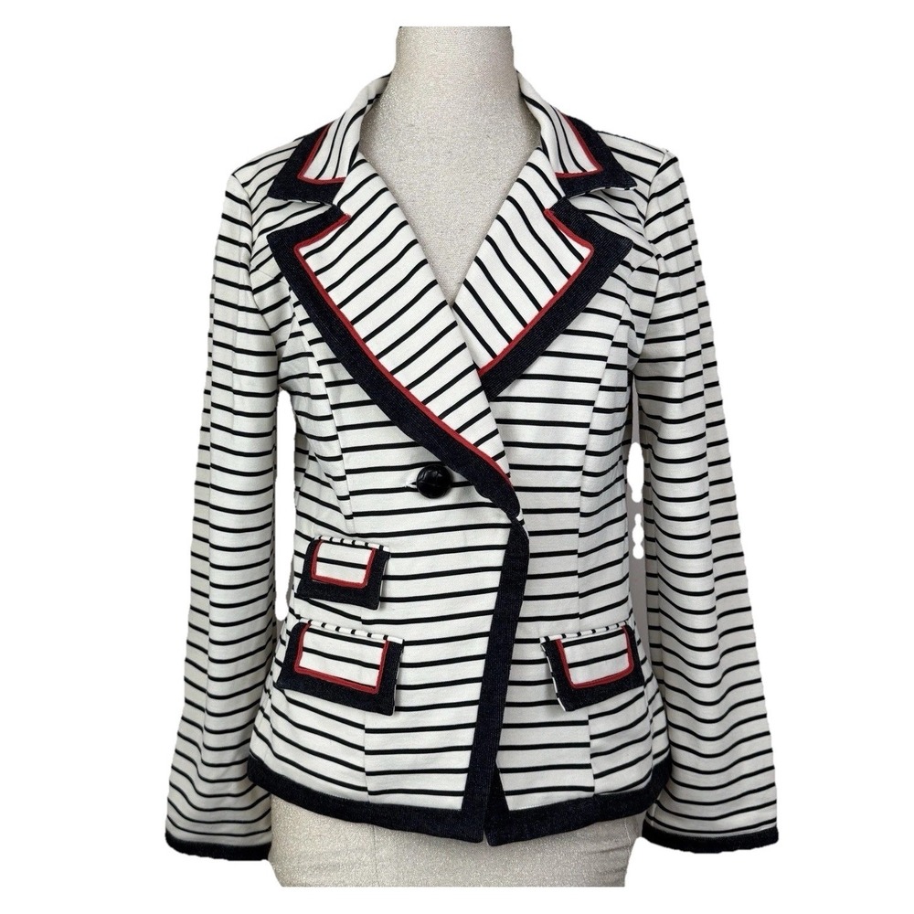 Anthropologie Nick & Mo Gate Line Jacket Blazer Womens L Cream Black Stripe